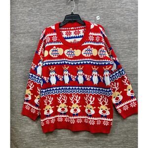 Ugly Sweater V28 Size XXXL Reindeers Penguin Snow Red Blue Long Sleeve